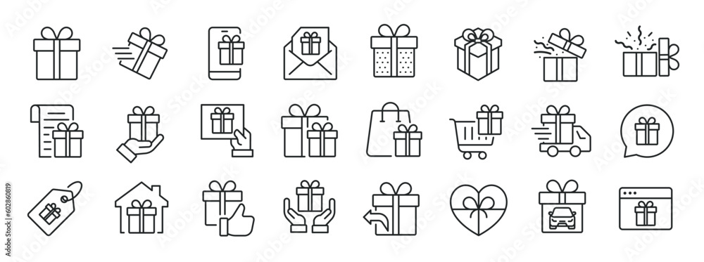 Gift box thin line icons. Editable stroke. For website marketing design, logo, app, template, ui, etc. Vector illustration. Gift box thin line icons. Editable stroke. For website marketing design, logo, app, template, ui, etc. Vector illustration.