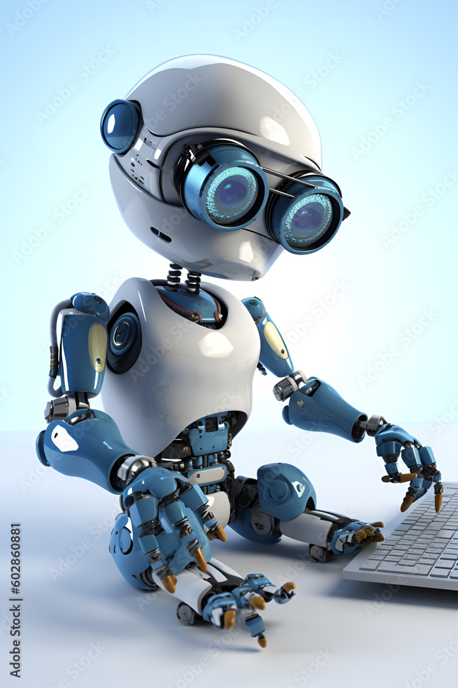 A toy robot is typing on a laptop keyboard while sitting, generating an artificial intelligence image. AI generating Generative AI A toy robot is typing on a laptop keyboard while sitting, generating an artificial intelligence image. AI generating Generative AI