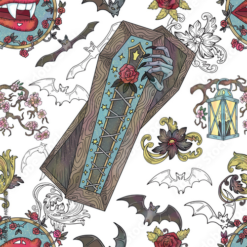 Vector seamless pattern with fantasy illustrations of coffin, vampire bats and romantic victorian decorations. Halloween background with gothic and esoteric symbols.