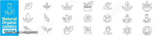 Natural, Organic, cosmetics, Skincare, Eco friendly, cruelty for beauty products, No animal tested, No synthetic, fragrance, and vegan food. icons vector set