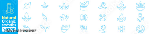 Natural, Organic, cosmetics, Skincare, Eco friendly, cruelty for beauty products, No animal tested, No synthetic, fragrance, and vegan food. icons vector set