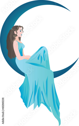A beautiful girl in a blue dress sits on the new moon