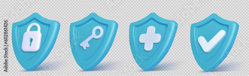 Realistic set of blue security shield icons isolated on transparent background. Vector illustration of 3D safety symbols with lock, key, cross, tick signs. Data privacy protection, antivirus