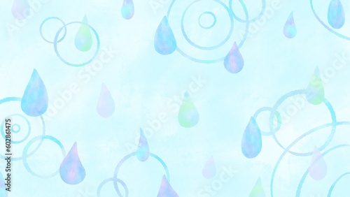 Beautiful gradient drop and rain ripple background, simple and cute hand drawn watercolor illustration / きれいなグラデーションの雫と雨の波紋の背景、シンプルでかわいい手描きの水彩イラスト
