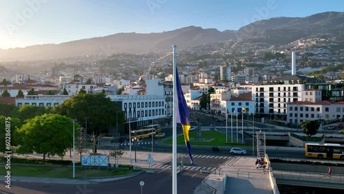 Funchal The Largest City in Madeira Aerial View at Sunset