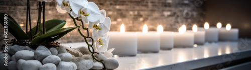 Countertop with orchids and candles Generative AI