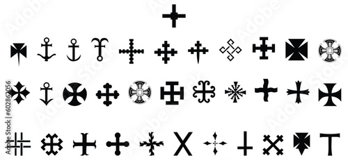 Fotografiet Christian cross icons. Vector line black christian cross set 1