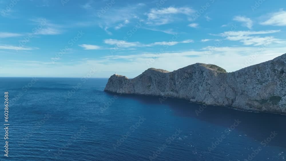 Flight past rocky cliffs and sea, Cap Formentor, coastal landscape, Pollença, Mallorca, Balearic Islands, Spain Flight past rocky cliffs and sea, Cap Formentor, coastal landscape, Pollença, Mallorca, Balearic Islands, Spain