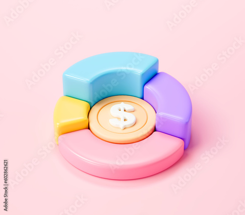 Pie chart with us coin. financial report, business profit graph. Donut chart on pink background. 3d render illustration