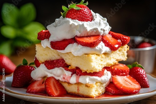 Fototapeta strawberry shortcake with fresh strawberries and whipped cream piled high on top