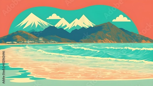 Vintage illustration of clear blue sea and waves. The backdrop is a tourist village and green and snowy mountains against a blue sky and white clouds on a pink frame. Generative AI