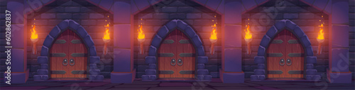 Cartoon medieval castle dangeon with wooden doors. Vector cartoon illustration of ancient stone wall with arch doorways, palace hall illuminated by torch fire. Underground prison. Game background