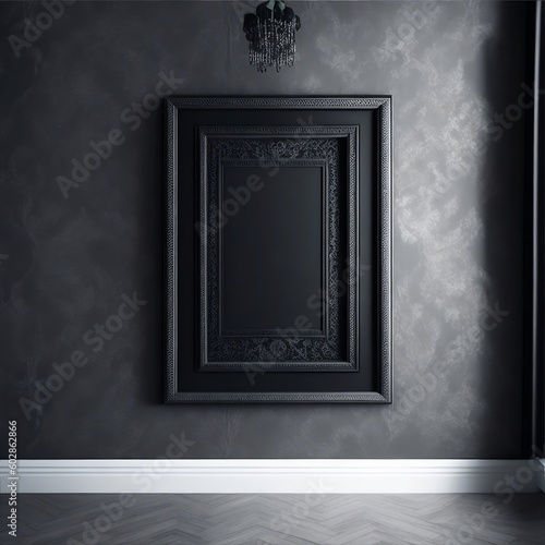 A large empty frame with a matte black finish is propped up against a patterned wallpapered wall on a polished concrete floor.