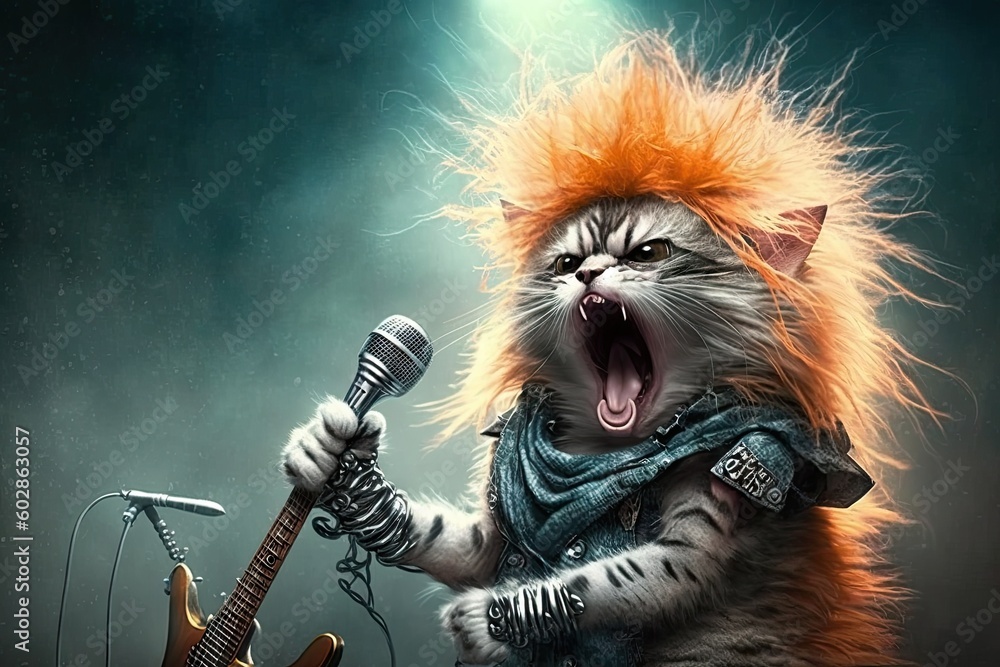 cute kitty singing glam metal on stage. Glorious Generative AI. - obrazy, fototapety, plakaty 