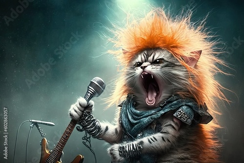cute kitty singing glam metal on stage. Glorious Generative AI.