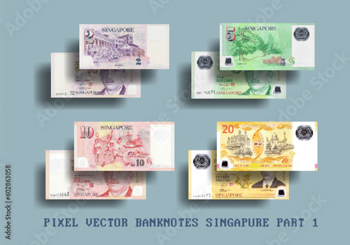 Set of vector pixel mosaic Singapore banknotes. The denominations of the bills are 2, 5, 10 and 20 dollars. Part one. photo