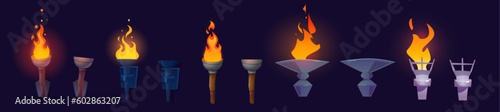 Cartoon set of burning and extinct torches isolated on background. Vector illustration of wooden, iron flares with and without fire. Interior design elements for medieval castle dungeon illumination