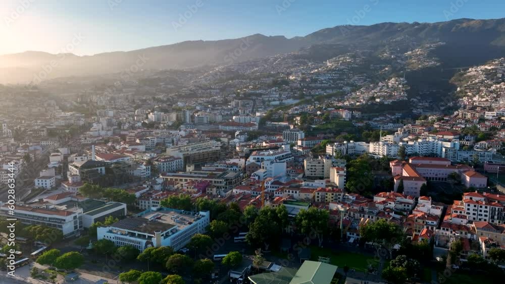The City of Funchal in Madeira at Sunset Aerial View The City of Funchal in Madeira at Sunset Aerial View