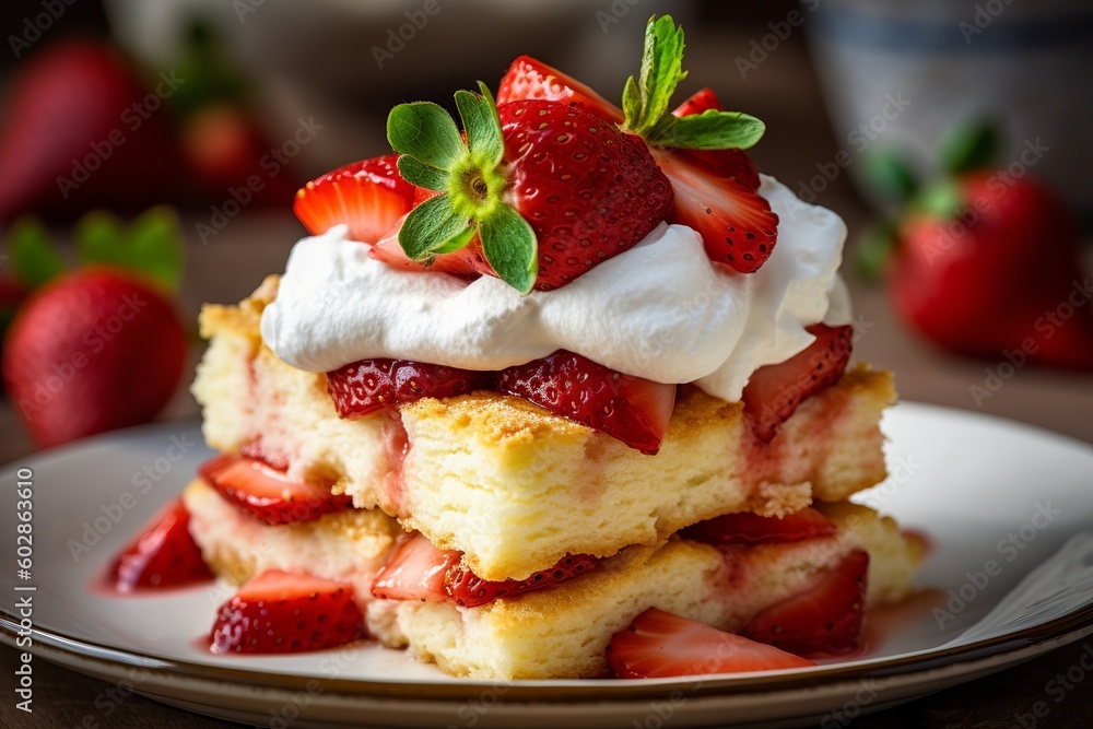 strawberry shortcake with fresh strawberries and whipped cream piled high on top. Generative ai strawberry shortcake with fresh strawberries and whipped cream piled high on top. Generative ai