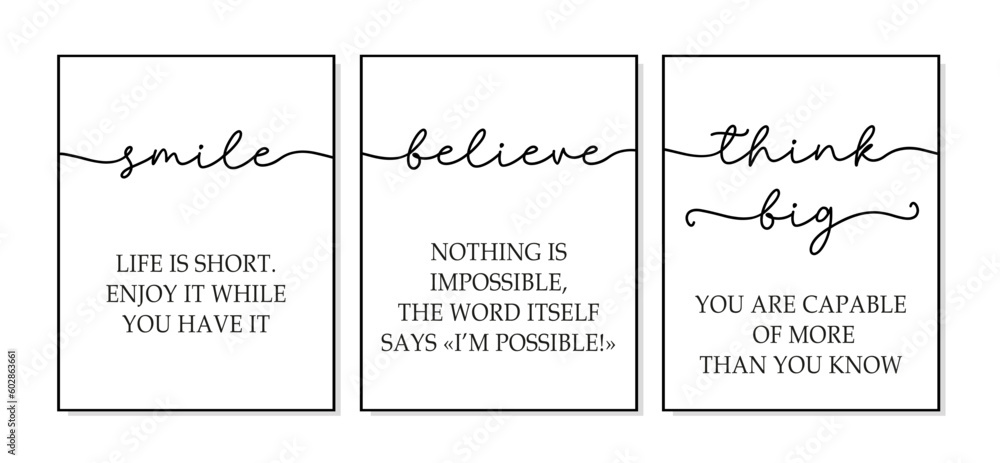 Smile, Believe, Think big. Motivational wall art. Inspirational quotes canvas art for home, office wall decor. Positive quotes. Smile, believe, think big. poster frame. Quote 3 piece print posters.