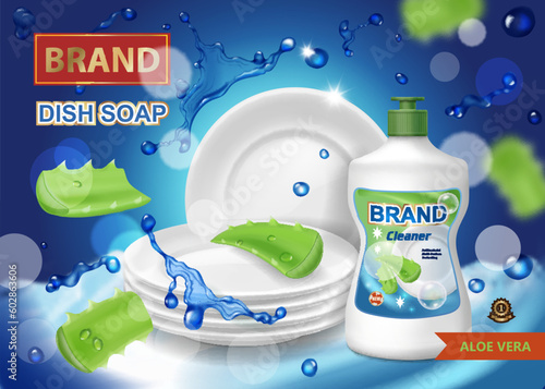 Dish washing liquid soap advertising. Plastic bottle with clean plates. Dishwasher with aloe vera poster. vector illustration.