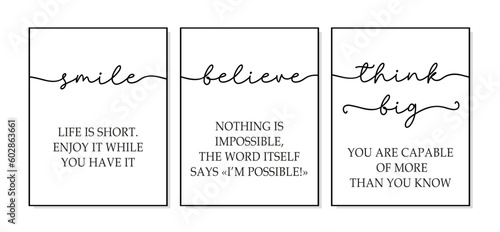 Smile, Believe, Think big. Motivational wall art. Inspirational quotes canvas art for home, office wall decor. Positive quotes. Smile, believe, think big. poster frame. Quote 3 piece print posters.
