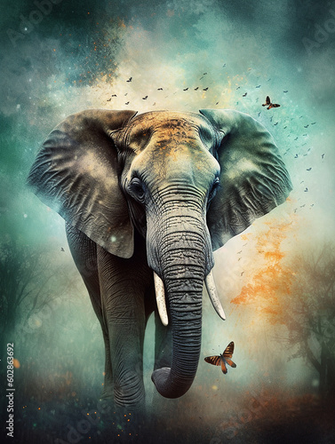 African elephant with a butterfly in his mouth. Digital painting effect. AI Generated