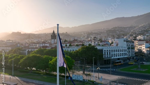 Funchal The Largest City in Madeira Aerial View at Sunset