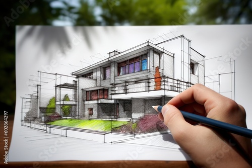 Man Architect Drawing colorful House Project - created with generative AI technology