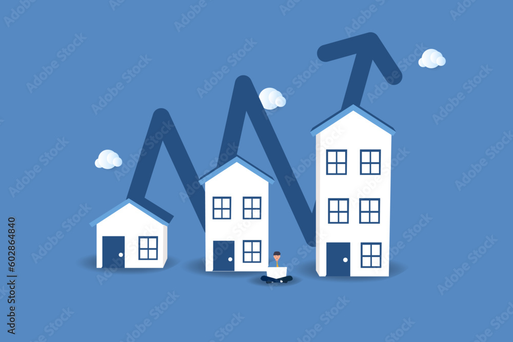 Housing price rising up, Arrow chart rising house prices, real estate investment or property growth concept.vector iluustration. - obrazy, fototapety, plakaty 