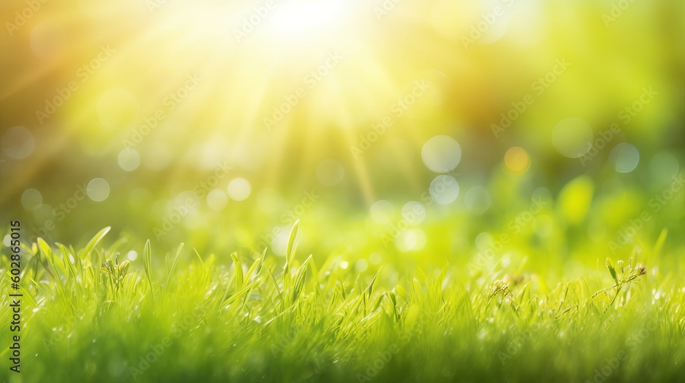 A fresh spring sunny garden background of green grass and blurred foliage bokeh, grass with dew, green grass background, green grass in the morning, green grass with dew drops, Generative AI