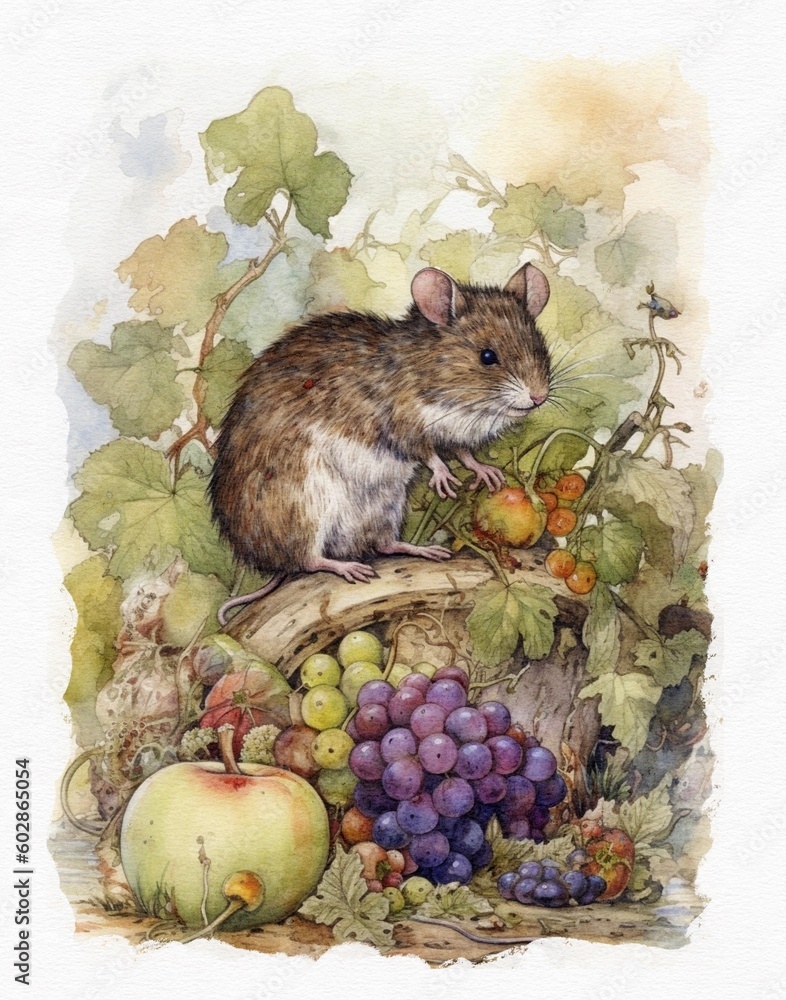 watercolor drawing of rodents in the garden, mice eat vegetables in the