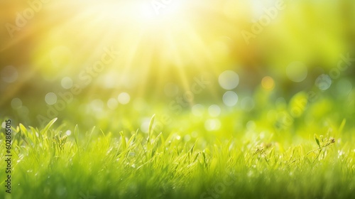 A fresh spring sunny garden background of green grass and blurred foliage bokeh, grass with dew, green grass background, green grass in the morning, green grass with dew drops, Generative AI