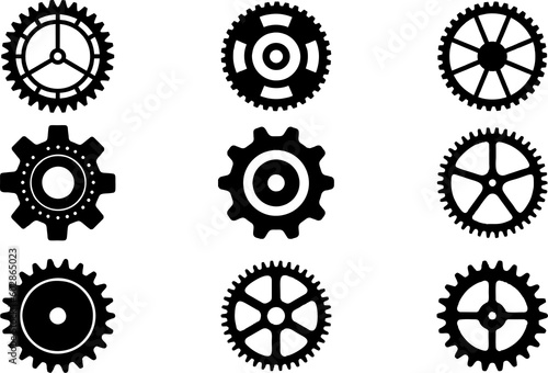 Collection and set of realistic gear and bicycle stars. A profiled wheel with teeth that engages with a chain. Cog set icons on white background.