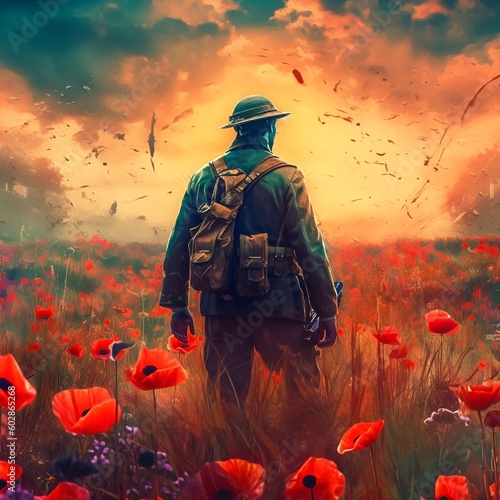 The colorful art style of a soldier in a red poppies field. Anzac day - Lest we forget
