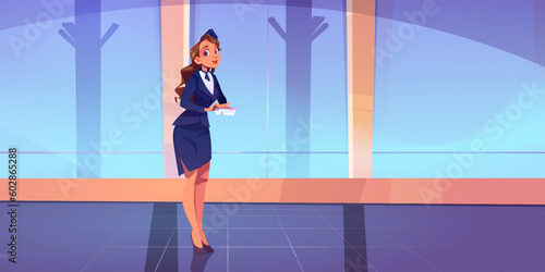 Stewardess in airport corridor vector illustration. Hostess woman attendant service character. Commercial female uniform staff standing and welcome in hall game banner panoramic before travel scene