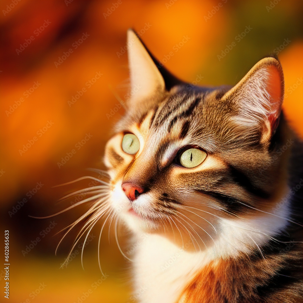 A portrait photo of a cat in autumn
