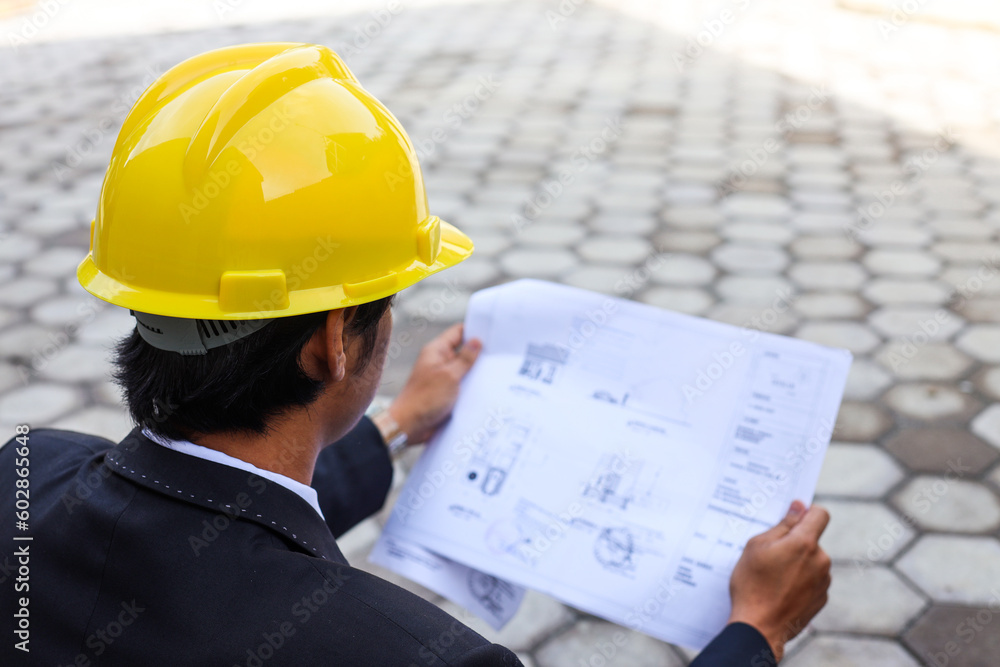 Rear view architect builder with yellow helmet studying layout plan of the rooms, serious civil engineer working with documents on construction site.