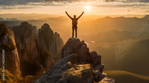 Man standing on the edge of a cliff and enjoying the view of the valley