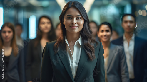 Portrait of young businesswoman with colleagues in the background in office