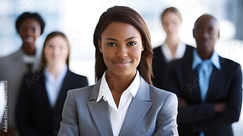 Portrait of confident African American businesswoman with colleagues in background