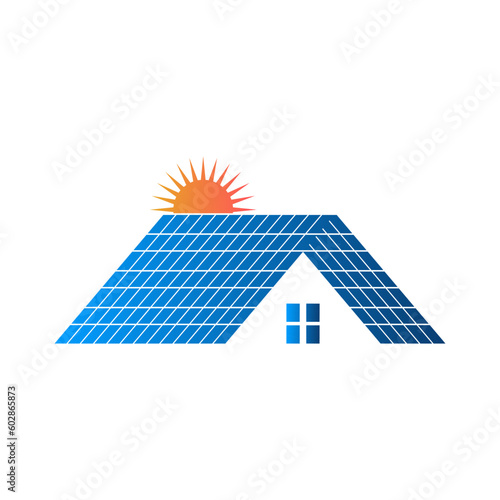 Solar panel on roof concept house and sun logo template