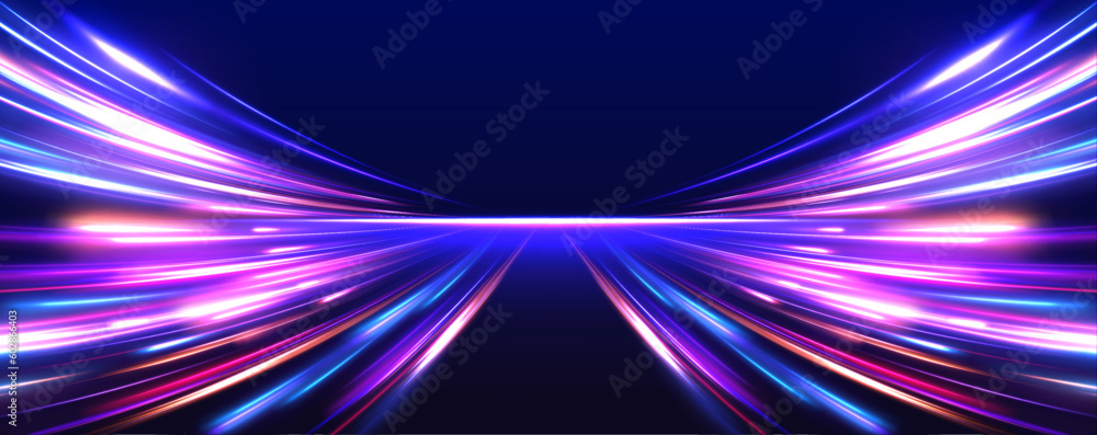 Abstract neon light rays background. A Colorful Motion Background of City Light Trails. Purple glowing wave swirl, impulse cable lines. Long time exposure. Vector	