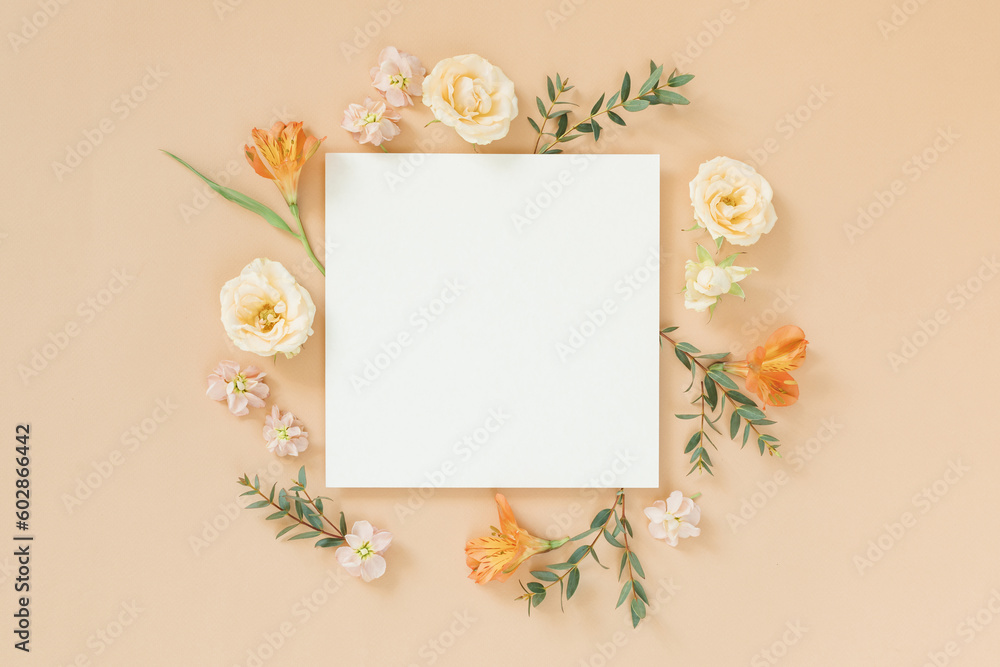 Empty card for invitation or congratulation with floral composition. Branding, holiday, wedding, marketing mockup.