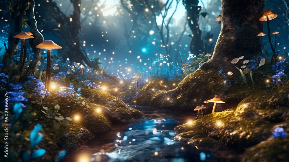 Fantasy landscape with magic forest and stream.