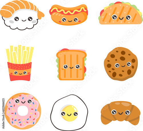 Cute vector set. Collection of smiling food with faces on white background. Sushi, quesadilla, go dog, French fries, sandwich, cookie, donut, egg, croissant. 