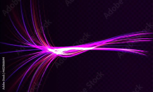 Vector dark blue abstract background with ultraviolet neon glow, blurry light lines, waves. High speed effect motion blur night lights blue and red. Magic shining neon light line trails.