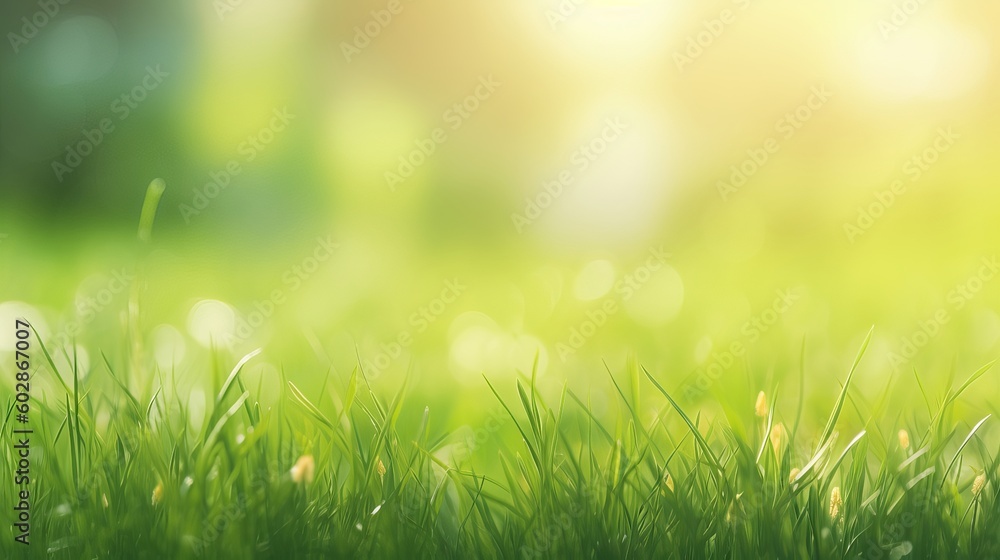 A fresh spring sunny garden background of green grass and blurred foliage bokeh, grass with dew, green grass background, Generative AI A fresh spring sunny garden background of green grass and blurred foliage bokeh, grass with dew, green grass background, Generative AI