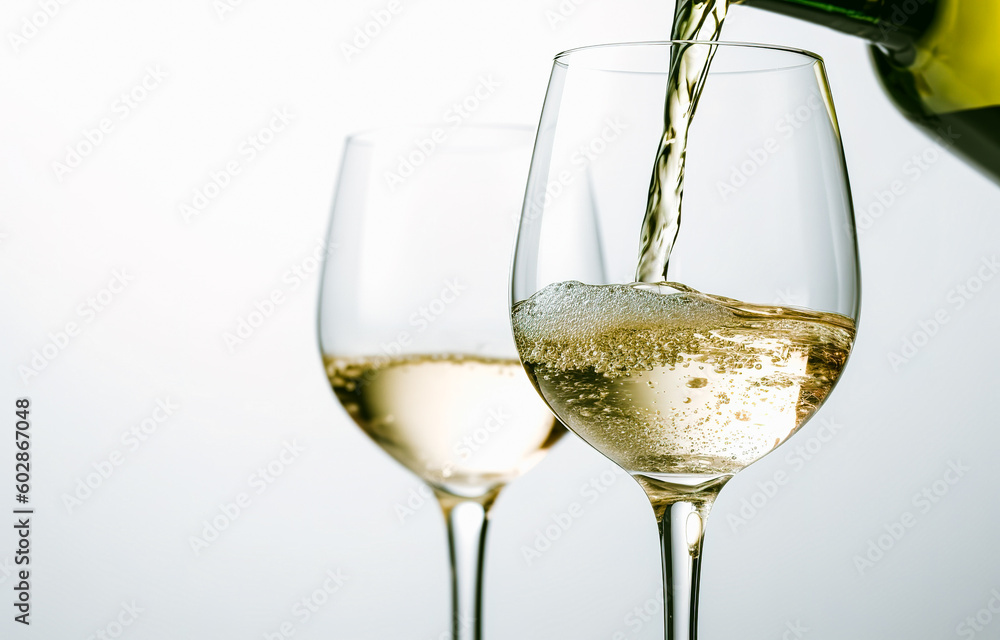 Pouring white wine into a glass on a white background, close-up. Generative AI Pouring white wine into a glass on a white background, close-up. Generative AI