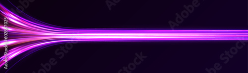  Vector glitter light fire flare trace. Abstract image of speed motion on the road. Dark blue abstract background with ultraviolet neon glow, blurry light lines, waves